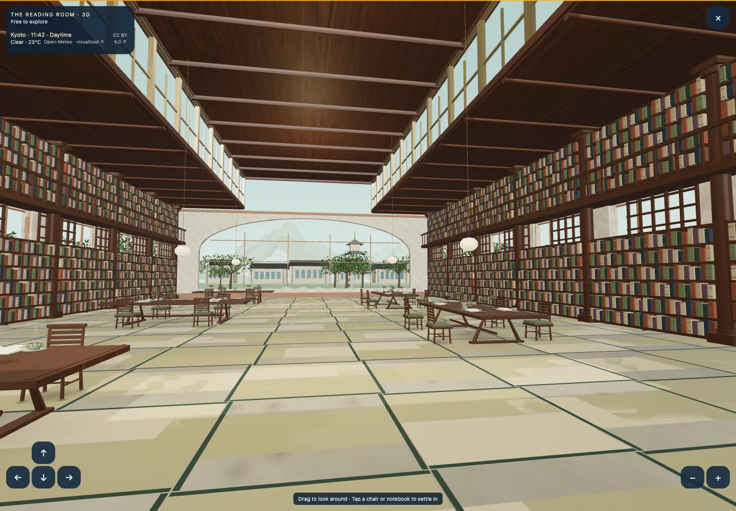 Actual Fomibee 3D Kyoto library preview with wooden beams, bookshelves, desks, and garden windows